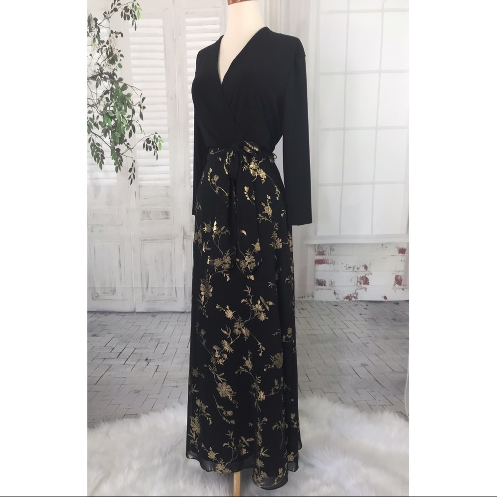 Be by Chetta B Long Maxi Dress 12 Black Gold Gown Belted Stretch Top Elegant EUC